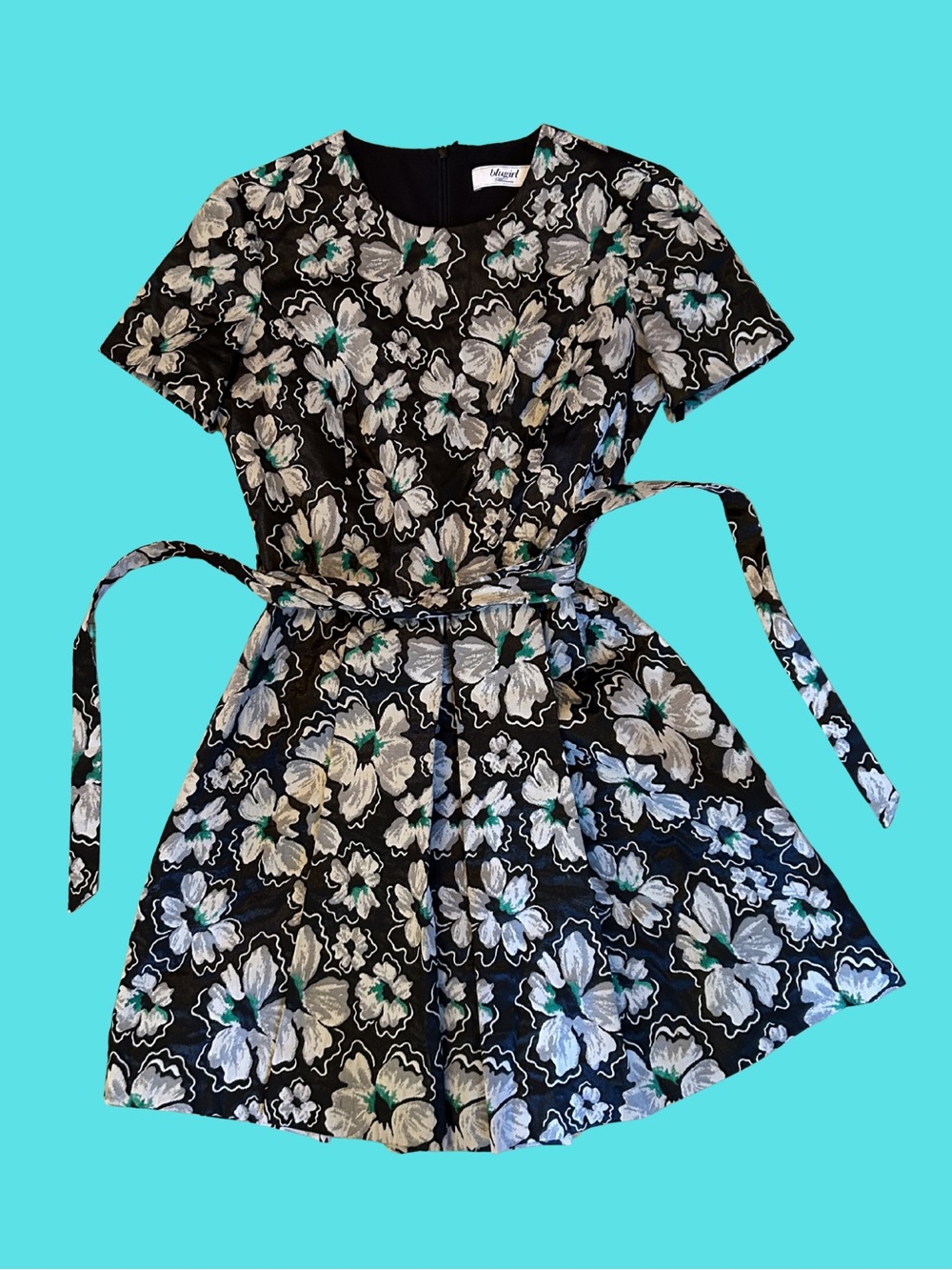Blugirl Black Floral Short-Sleeve A-Line Dress with Self-Tie Belt